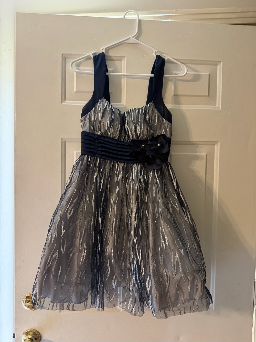 B Darlin Navy and Silver Girls' Party Dress with Floral Waist